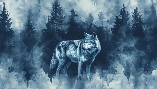 Seamless pattern, watercolor night forest, wolf in the night forest, creative texture for fabric, wrapping, textile, wallpaper, apparel, hand drawn illustration
