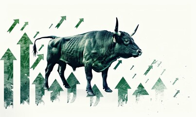 trading, bull, bull betting. A symbolic bull against the background of green up arrows. Analytical Concept