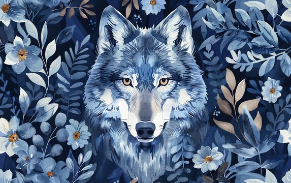 Watercolor night forest, cute seamless pattern, wolf in the night forest, creative watercolor texture for fabric, wrapping, textile, wallpaper, apparel, hand drawn illustration
