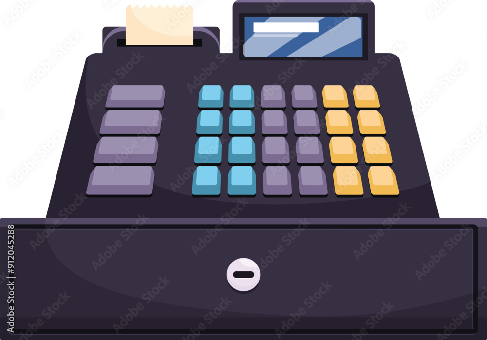 Poster electronic cash register with buttons and a receipt printer, used in a store for processing transact