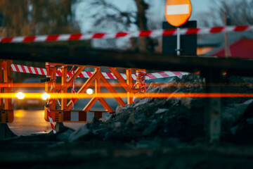 Stop Warning Sign on a Construction Site. Traffic diverted by the safe construction of a new road 
