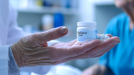 Close-Up of Healthcare Professional's Hands Administering Medication with "Palliative Care" Label in Background