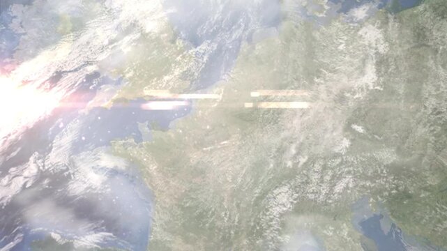 Earth zoom in from space and focus on Laon, France. Background for travel intro or blog. Satellite view. 3D style Animation. Images from NASA.