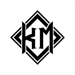 KM Letter logo with abstract shield shape with square black outline on white background design