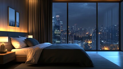 Night scene of Modern contemporary style interior bedroom design with city view