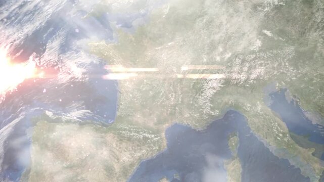 Earth zoom in from space and focus on Le Mont Dore, France. Background for travel intro or blog. Satellite view. 3D style Animation. Images from NASA.