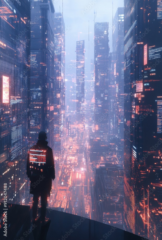 Poster a sleek and minimal futuristic cityscape, with digital displays embedded in skyscrapers and transpar