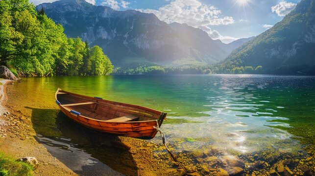 Colorful summer panorama of the Bohinj Lake. Picturesque moning scene in the Triglav National Park, Julian Alps, Slovenia. Popular tourist leisure on the boat which is very beautiful