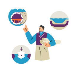 A shipbuilding engineer with drawings in his hands in a flat style.