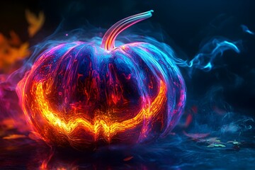 Creepy pumpkin burning in vivid orange and blue flames with smoke for halloween illustration background