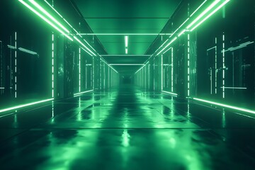 Empty futuristic corridor space with green neon lights reflecting on the floor for wallpaper backdrop design