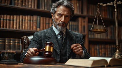 Lawyer is holding a wooden gavel and thinking about a legal case in an office with law books and a scale in the background