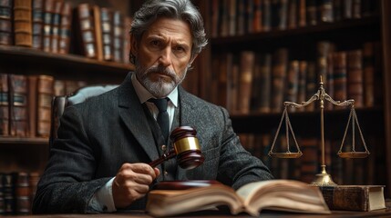 Lawyer is holding a wooden gavel and thinking about a legal case in an office with law books and a scale in the background