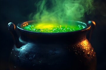 Closeup background of black cauldron is bubbling with hot green poison potion smoke