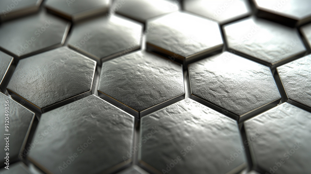 Poster Detailed Close-Up of Hexagonal Pattern with Illuminated Edges on Metallic Surface