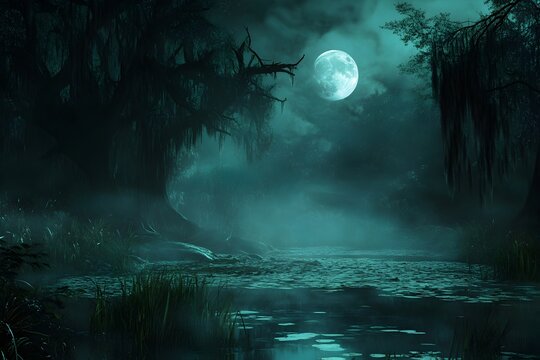 Eerie swamp landscape at night with full moon illuminating foggy water surface background