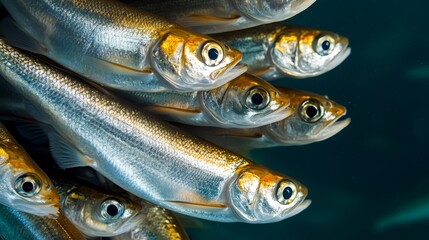Obraz premium A synchronized shoal of fish, their bodies glittering with iridescent scales, moving in a dense and coordinated dance