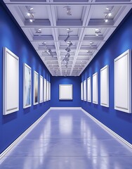 Fototapeta premium Contemporary art gallery with white frames on royal blue walls and modern ceiling decor..