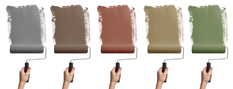 Set of hand painting holding roller brush with streak smear paint subtle muted colours of olive green, grey, brown, maroon, coral, mauve on transparent cutout PNG. Mockup template for artwork design