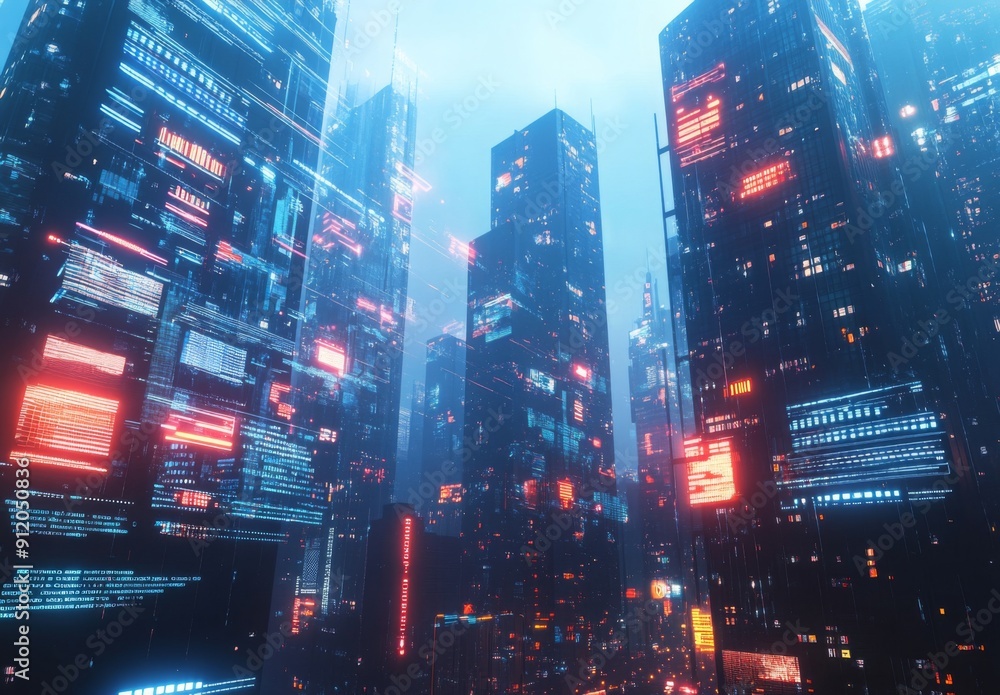 Poster a sleek and minimal futuristic cityscape, with digital displays embedded in skyscrapers and transpar