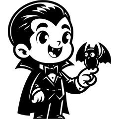 Little boy dressed in Halloween vampire costume holding pet bat on finger in monochrome. Simple minimalistic vector in black ink drawing on transparent background