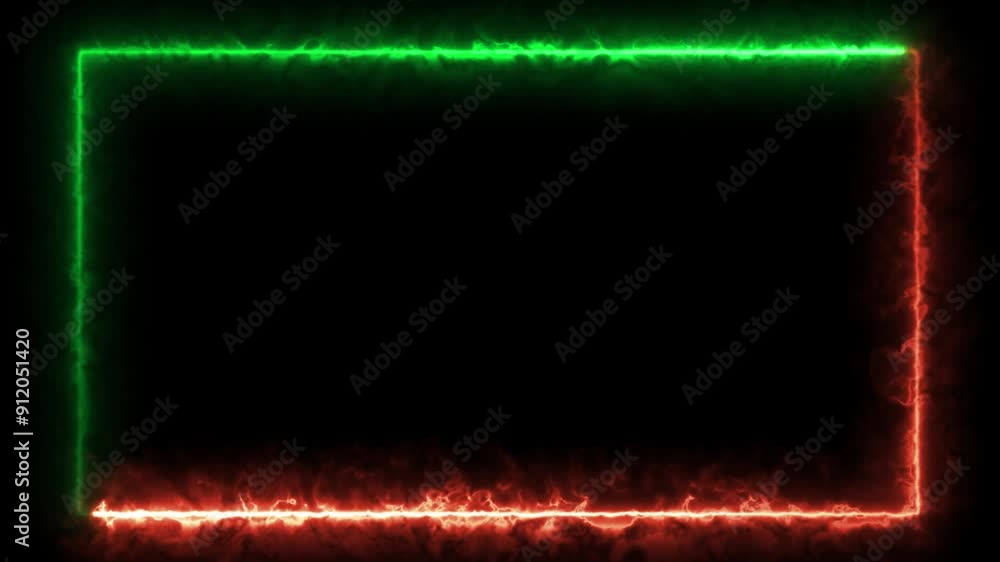 Poster bright neon fire red and green effect rectangle frame loop background. animation of glowing neon rec