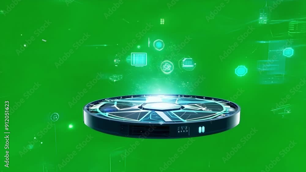 Poster A display of futuristic technology as hovering platforms glide effortlessly through the starry void. Green screen chromakey