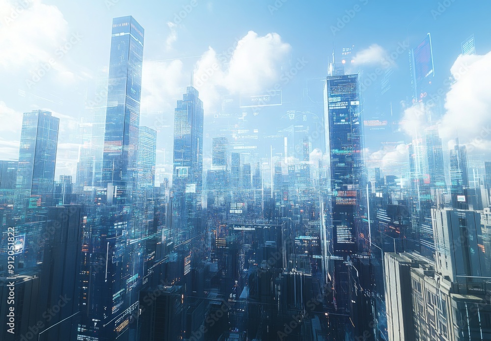 Poster a sleek and minimal futuristic cityscape, with digital displays embedded in skyscrapers and transpar