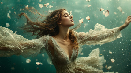 A woman in a flowing dress flies through a starry night, reaching for the stars.generative ai