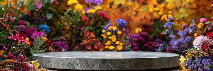 round granite podium among colorful flowers 