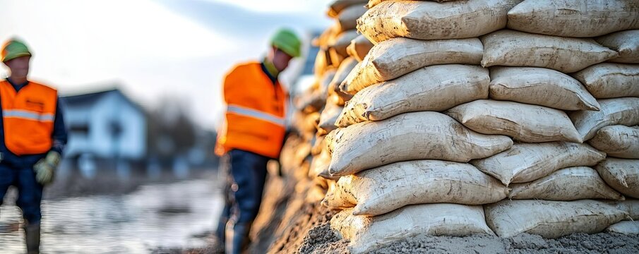 Emergency workers stacking sandbags to form a temporary levee, sandbag, flood mitigation