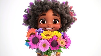 Fototapeta premium Cheerful Young Girl with Colorful Afro and Vibrant Bouquet: Perfect Poster for Brightening Up Any Playroom or Sports Interior!