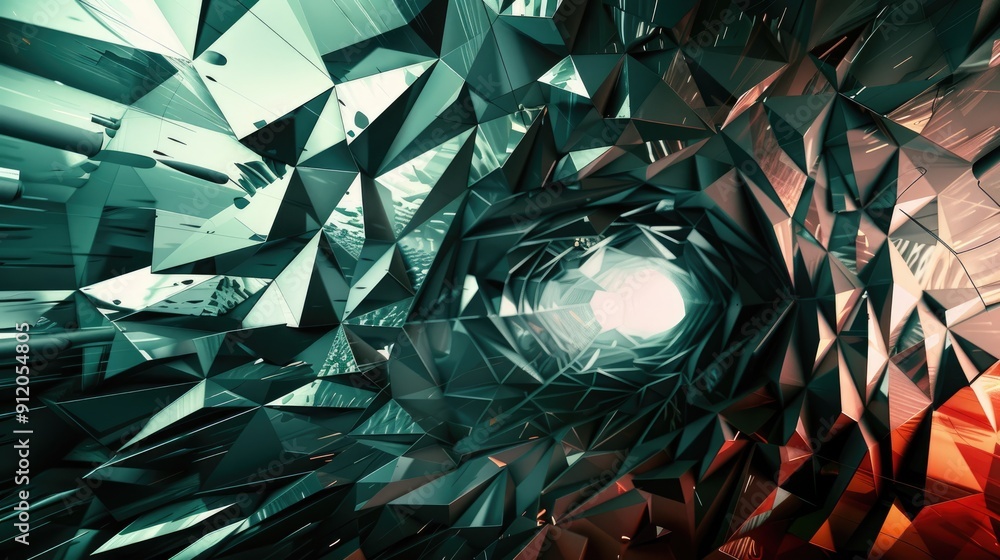 Poster a stunning array of interlocking geometric shapes spirals inward, reflecting light and creating an e