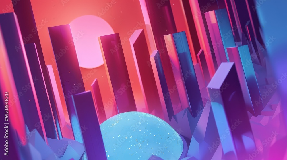 Poster a surreal landscape of colorful geometric structures rises toward a glowing sun, while a luminous or
