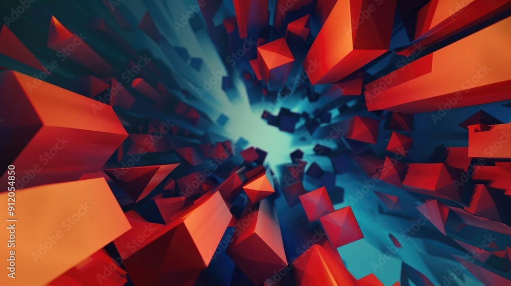 Poster bold red geometric forms burst forth from a deep blue backdrop, creating a dynamic interplay of colo