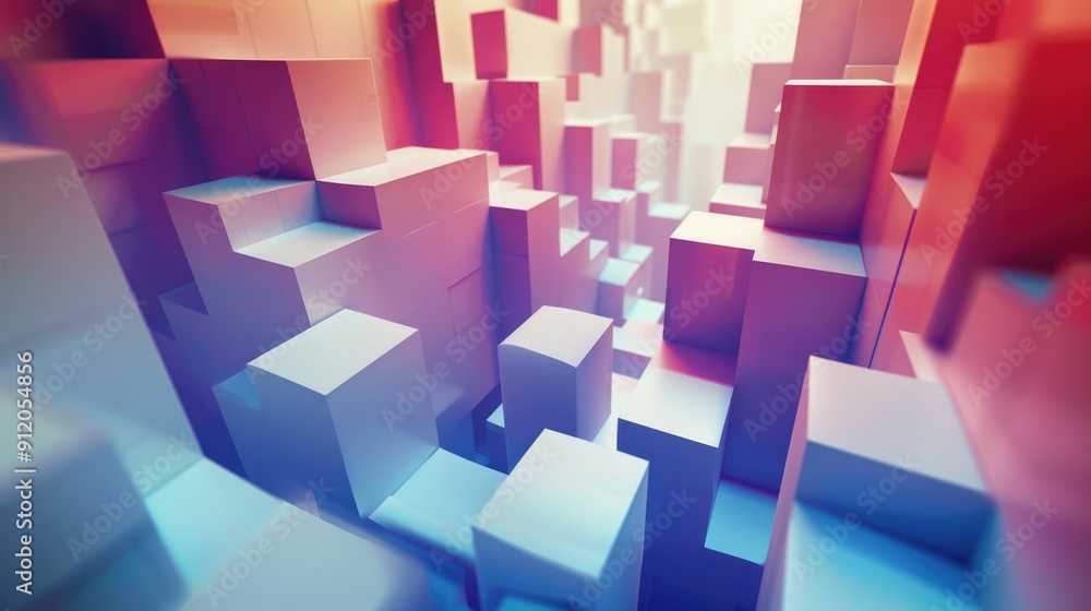 Poster vibrant cubes rise and fall in a surreal digital landscape, casting soft shadows as twilight colors 