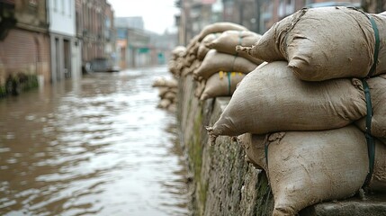 Row of sandbags against a city wall with floodwaters approaching, sandbag, urban flood management