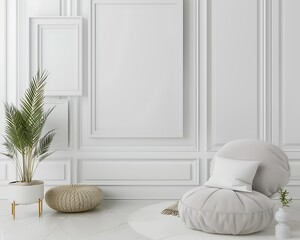 Stylish gallery with white walls and empty frames..