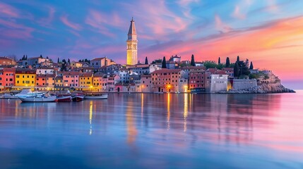 Obraz premium Fantastic spring sunset of Rovinj town, Croatian fishing port on the west coast of the Istrian peninsula. Colorful evening seascape of Adriatic Sea which is very beautiful