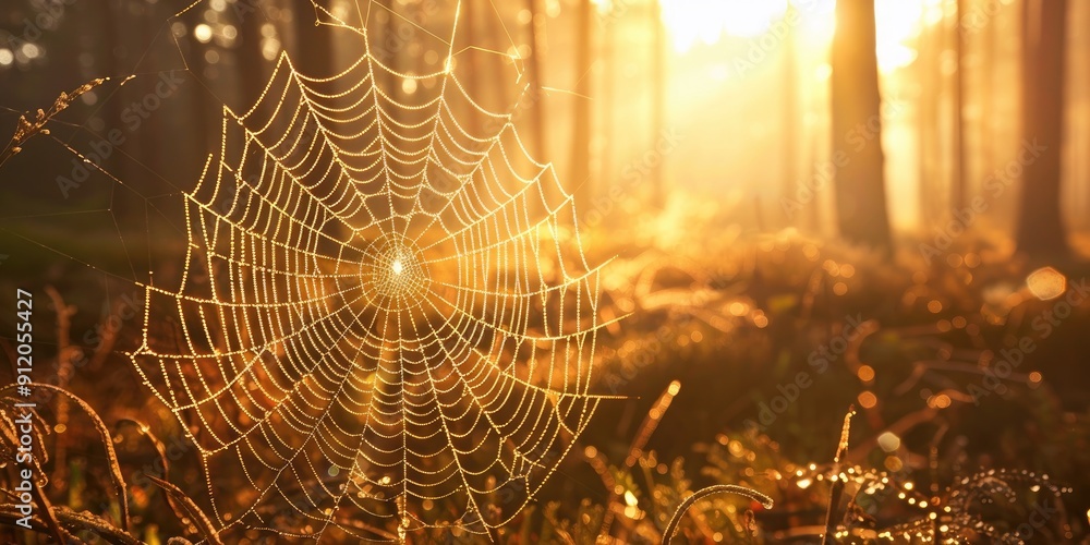 Poster sunlight illuminating spider web in the forest