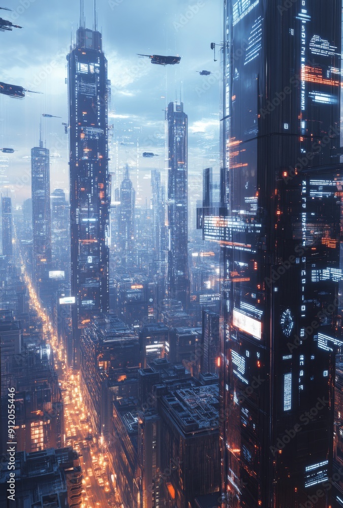 Poster a sleek and minimal futuristic cityscape, with digital displays embedded in skyscrapers and transpar