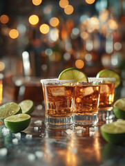 Tequila shots lined up with lime wedges and salt, ready for a round. The setup is on a bar counter with a festive, lively background, capturing the fun of a night out.
