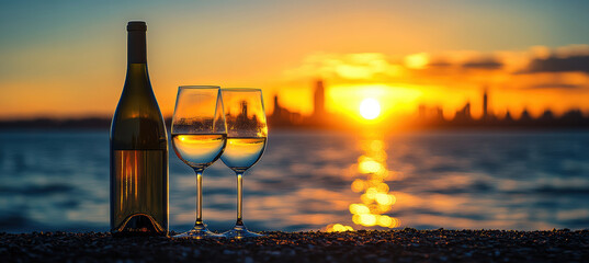 Fototapeta premium Wine on the Beach with City Skyline