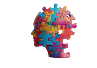 Human head with colorful puzzle pieces , hallucinations ,  mental health,  brain balance, harmony