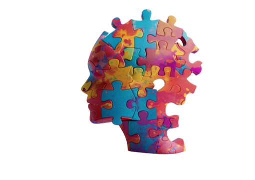 Human head with colorful puzzle pieces , hallucinations ,  mental health,  brain balance, harmony
