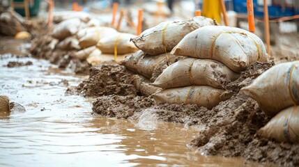 Sandbags and muddy floodwater around a construction site, sandbag, site protection