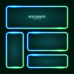 Glowing neon banners, illuminated colorful square frames. Shiny vibrant border, glow effect. Azure vintage retro lights, night illumination. Modern futuristic UI design elements. Vector illustration