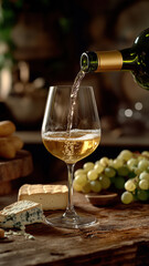 Obraz premium wine in a glass with cheese and grapes on a dark table