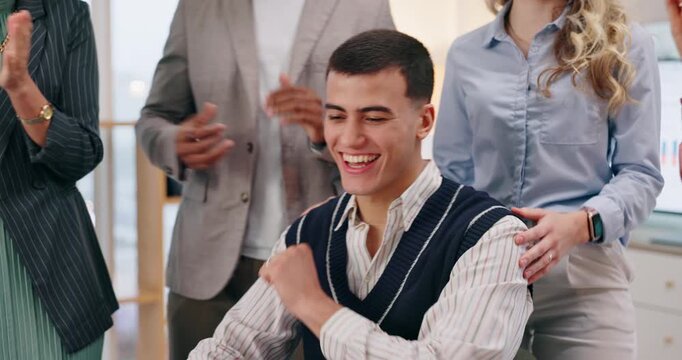 Happy businessman, winner and high five in promotion, meeting or b2b success together at office. Group of employees, applause and celebration for partnership, deal or recruiting at workplace