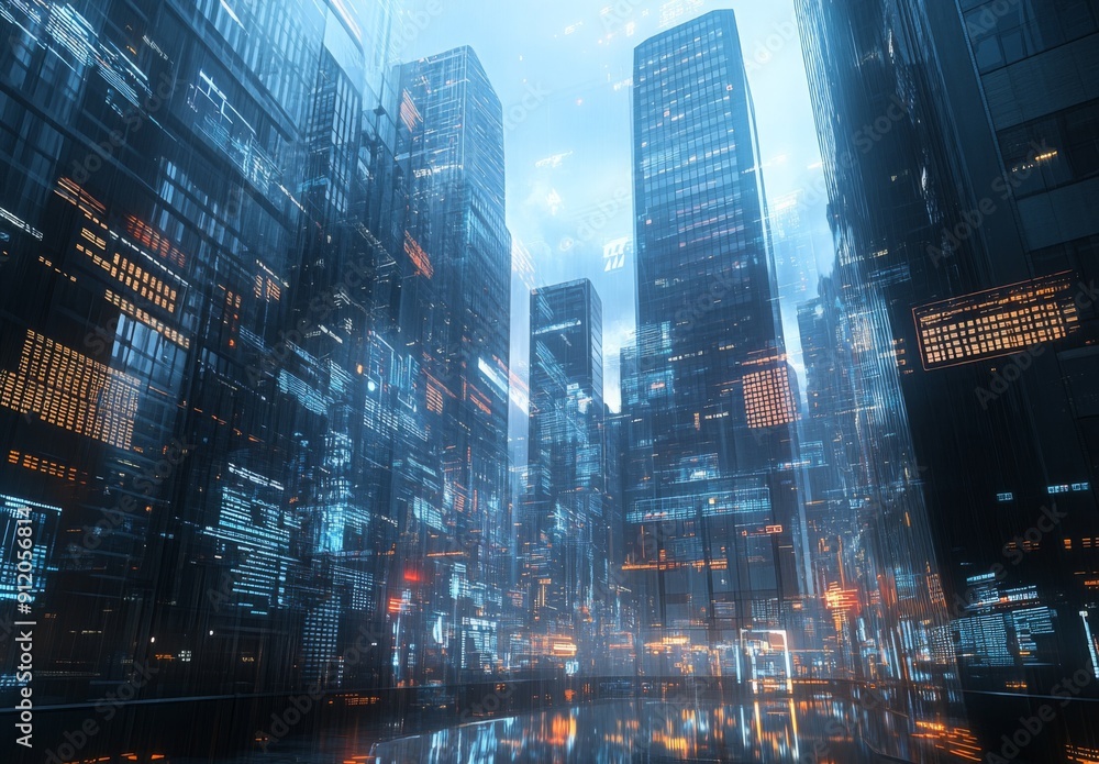 Poster a high tech urban environment with streamlined skyscrapers, transparent data overlays, and digital d
